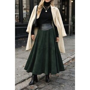 VAKKO Vintage Forest Green Leather Suede A Line Maxi Skirt 14 High Waist 90s